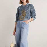 Pull en maille chinée à imprimé chaîne métallique chic et vieilli sur le devant - Bleu